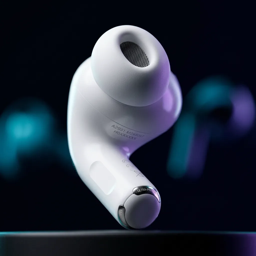 Close-up do fone dentro do estojo de carregamento com borrachas de silicone